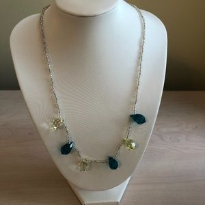 Handmade Glowing Silver Beaded Necklace with Teal and Light Citron Beads